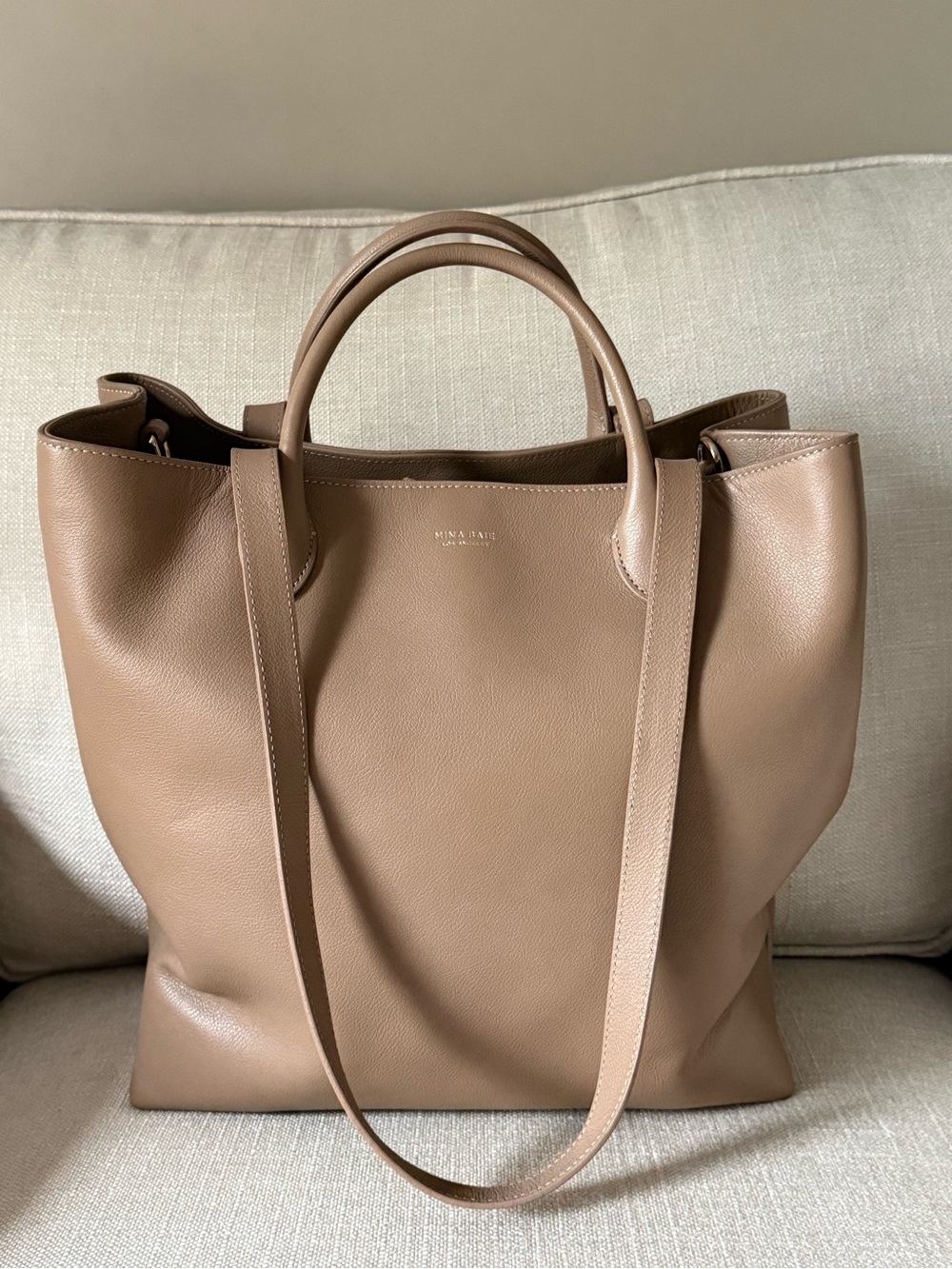 Mina Baie Work Tote/Baby Bag-Pebbled Leather Tote in Taupe